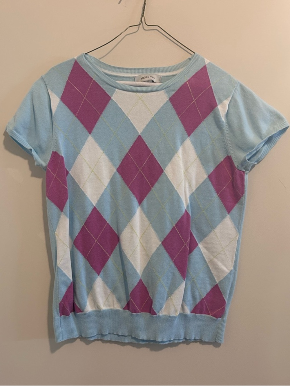 Merona Light Blue & Purple Argyle‎ Short Sleeve Knit